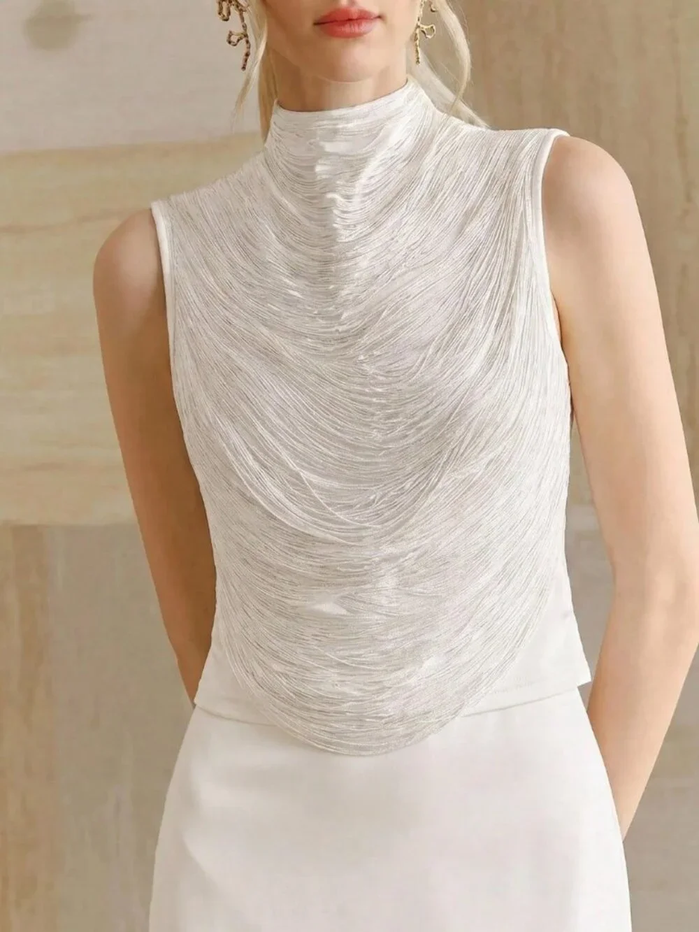 White Casual Women's Sleeveless High Neck Fringe Patchwork Top Vest